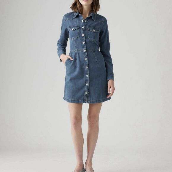 Levi’s Otto Western Denim Dress Women’s Small Button Front Long Sleeve Pockets - Picture 1 of 11